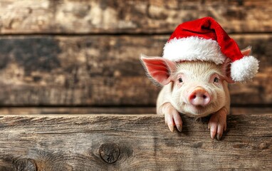 A charming piglet wearing a Santa hat peers over a wooden fence, its wide eyes capturing the festive mood with innocence and curiosity.