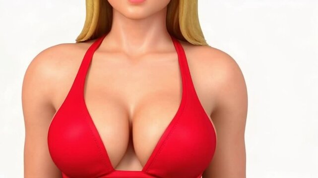 A close-up view of a woman in a red bikini top against a light background.