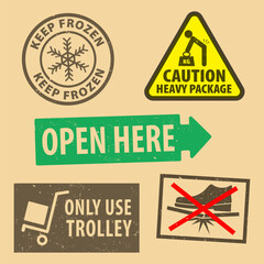Set of fragile sticker keep frozen and case icon packaging symbols sign, keep refrigerated, caution heavy package rubber stamp on cardboard background, vector illustration. Use on package.