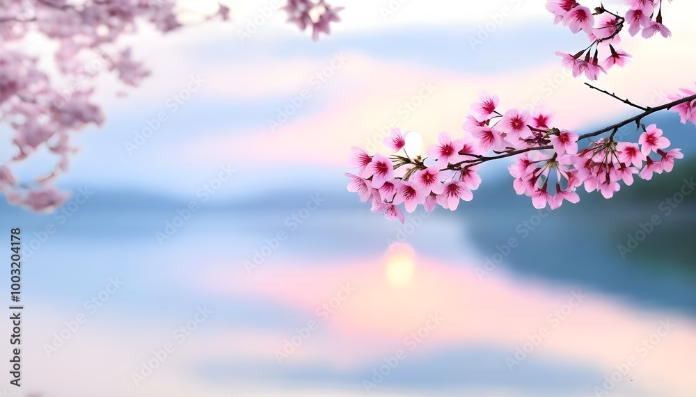 Poster Tranquil dawn reflection of pink cherry blossoms in calm water, celebrating the beauty of nature and serenity.