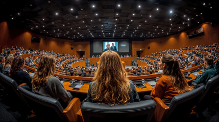 Fototapeta premium A fish-eye perspective of a packed conference room brimming with attendees