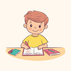 Boy Writing with a Pen Vector Flat illustration