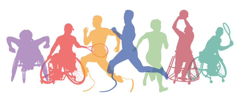 Sports.Paralympic Games.Set of disabled athletes of different sports disciplines.Horizontal colourful banner for sports schools.Concept of unlimited possibilities.Vector illustration.