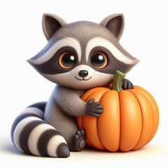 Cute Raccoon Hug Pumpkin Cartoon , 3d Generative aI

