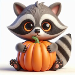 Fototapeta premium Cute Raccoon Hug Pumpkin Cartoon , 3d Generative aI
