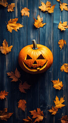 Halloween theme of background of old wood and craved pumpkin and foliage 