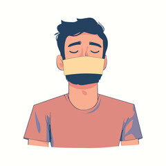 Young guy with a sealed mouth. The man cannot speak Flat illustration