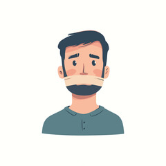 Young guy with a sealed mouth. The man cannot speak Flat illustration