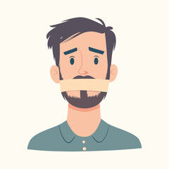 Young guy with a sealed mouth. The man cannot speak Flat illustration