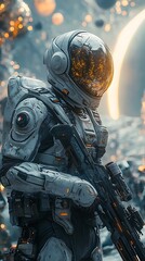 Fototapeta premium Futuristic astronaut soldier holding a futuristic gun in a post apocalyptic setting. Concept for sci fi, space, and warfare