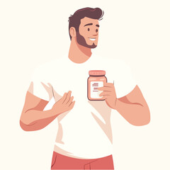 There is a man holding a jar of protein Flat illustration