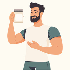 There is a man holding a jar of protein Flat illustration