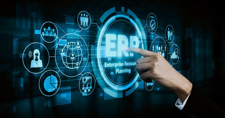 Enterprise Resource Management ERP software system for business resources plan presented in modern...
