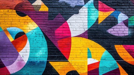 Fototapeta premium A street art mural on a brick wall, blending abstract shapes and vibrant hues, creating a striking visual impact