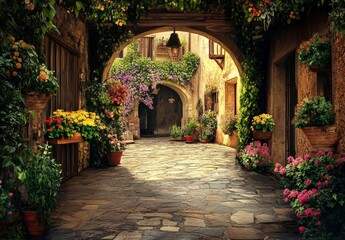 Fototapeta premium An image of an old town and street with a 3D wallpaper and mural.