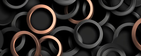 The background of this digital illustration is abstract luxury black with tree rings overlaid on top of it. Golden circle ring pattern. Luxury style. Circular wood concept. Digital illustration.