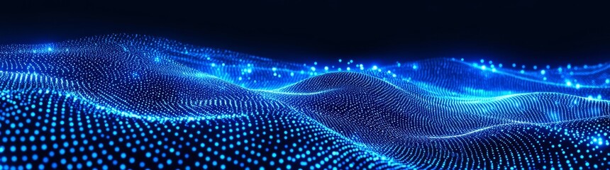 An abstract modern illustration showing a digital 3D wave moving on a futuristic dark background with blue particles. It demonstrates the concept of big data in cyberspace.