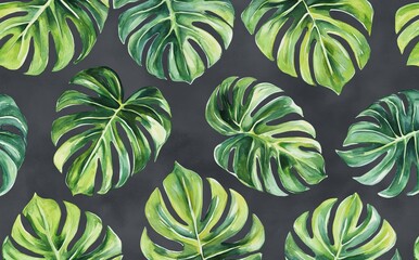 Fototapeta premium Design of large tropical leaves wallpaper. Watercolor effect. Green monochrome. Wall mural.