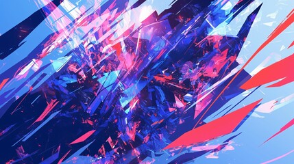 Abstract digital art with pink, red, and blue geometric shapes.