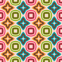 Rainbow colors seamless geometric repeat pattern on cream background for graphic design.