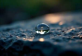 a droplet of water resting on a smooth, dark stone, capturing the surrounding light and creating a soft glow create with ai
