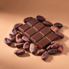 Dark chocolate bar with cocoa beans on light brown background