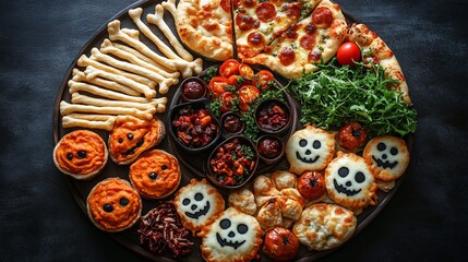 Fototapeta premium Top view of Halloween table with food.