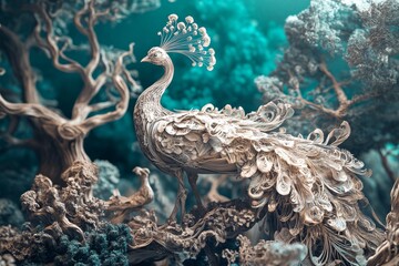 A beautiful 3D design of a peacock and tree with an embossed background.