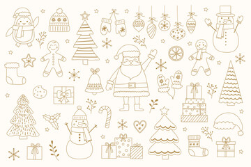 Christmas ornament elements. Set with cute decorations and characters: Santa Claus, snowman, cookie. Vector illustration