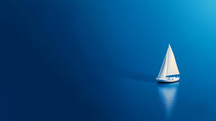 A cobalt blue background with a tiny sailboat floating just above the surface. Sailboat on a blue background.



