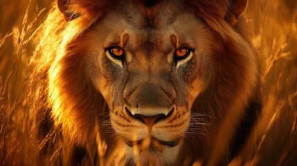 Naklejka premium A lion in the grass HD 8K wallpaper stock photo