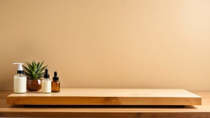 Wooden Countertop in Kitchen Against Beige Wall for Presentation