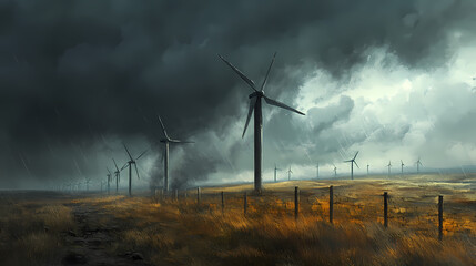 A desolate, windswept plain, where giant wind turbines rise ominously against a dark, stormy sky, representing the fusion of nature's fury and human ingenuity. Wind-swept Plains. Illustration