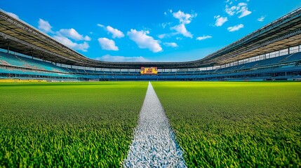 Fototapeta premium empty football field with green grass and blue sky