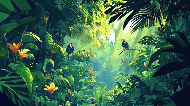 A playful 2D animation cartoon featuring animals in a jungle setting, with vibrant foliage and energetic movement