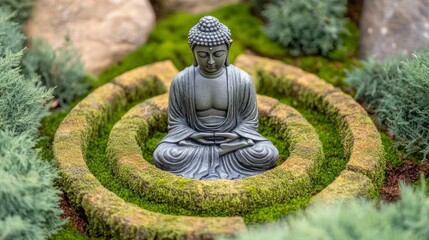 A buddha statue on a rock in a blurred green landscape, a spa wallpaper concept with asian influences or zen gardens
