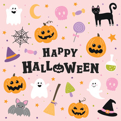 Cute Halloween card with icons in retro style. Vector illustration