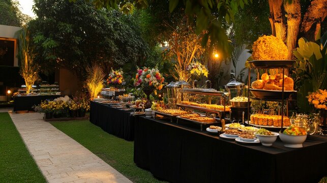 Enchanting Outdoor Catering Setup in a Lush Garden