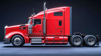 A large red semi-truck with chrome accents traveling on a wet road through a mountainous, snowy landscape. Detailed and realistic