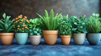 A row of vibrant potted plants in different colored pots, showcasing nature's beauty and variety in home gardening and plant care