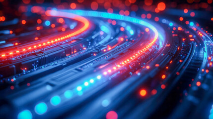 Fototapeta premium High-tech glowing network cables in motion, showcasing intricate details of modern data connections