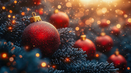 A close-up of a glittering red Christmas bauble on a tree, glowing with soft, warm lights. A classic festive holiday decoration