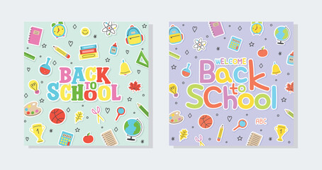 Back to school poster with cute icons. Vector illustration