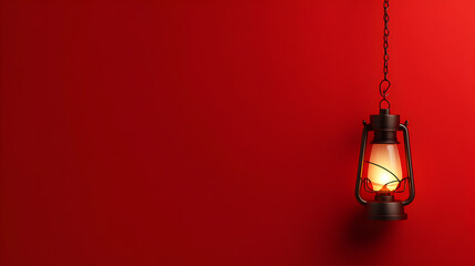 A solid red background with a small, glowing lantern hanging in mid-air. Lantern on a red background.


