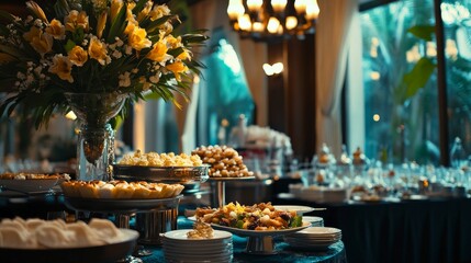 Elegant Floral Centerpiece and Dessert Spread in Candle-lit Dining Room