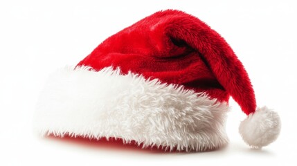 Festive red Santa hat with a white fluffy trim placed neatly on a white background