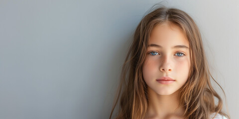 A young girl with soft brown hair and blue eyes stares directly at the camera, her calm and serious expression framed by a neutral backdrop