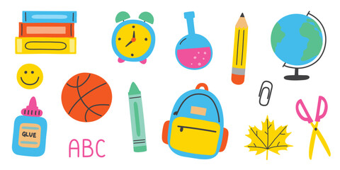 Collection of a school icons. Cartoon stationery elements. Vector illustration