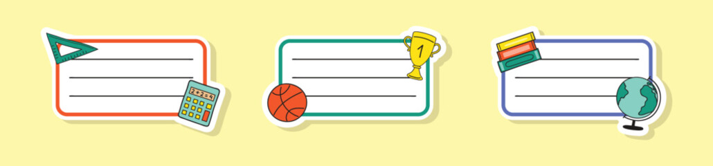Collection of school notebook labels in cartoon style. Vector illustration