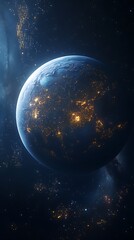 Giant planet looming over futuristic cityscape bathed in sunset glow picture